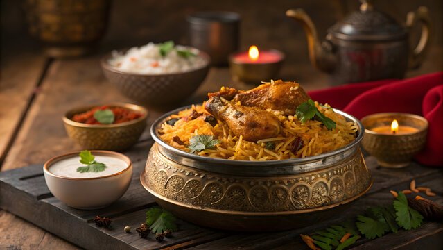 Chicken dum biryani in a brass bowl with raita and sides, warm candlelight